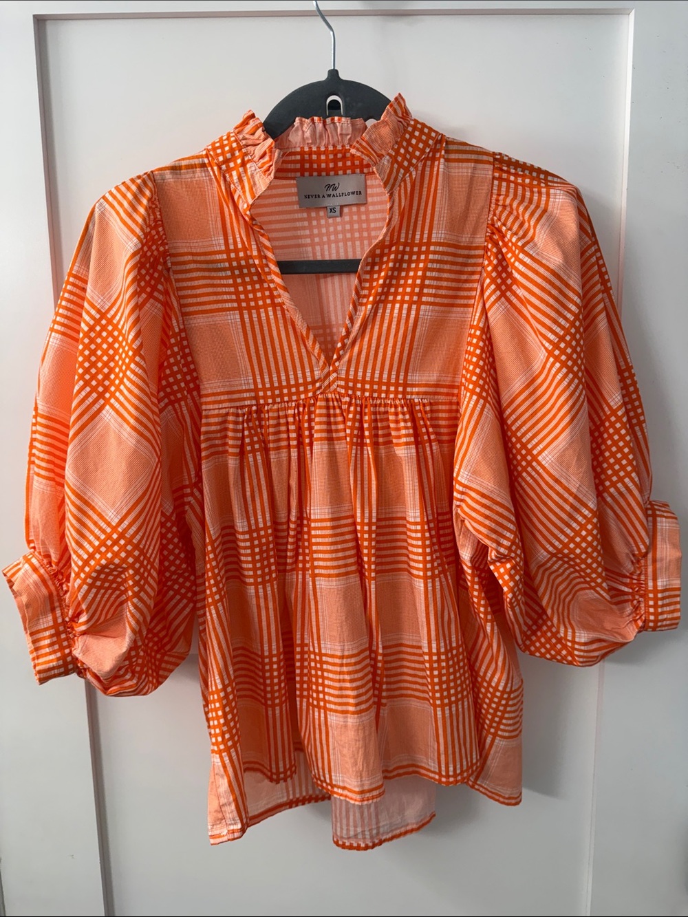Never A Wallflower Ruffled Neck Orange Plaid Peasant Blouse